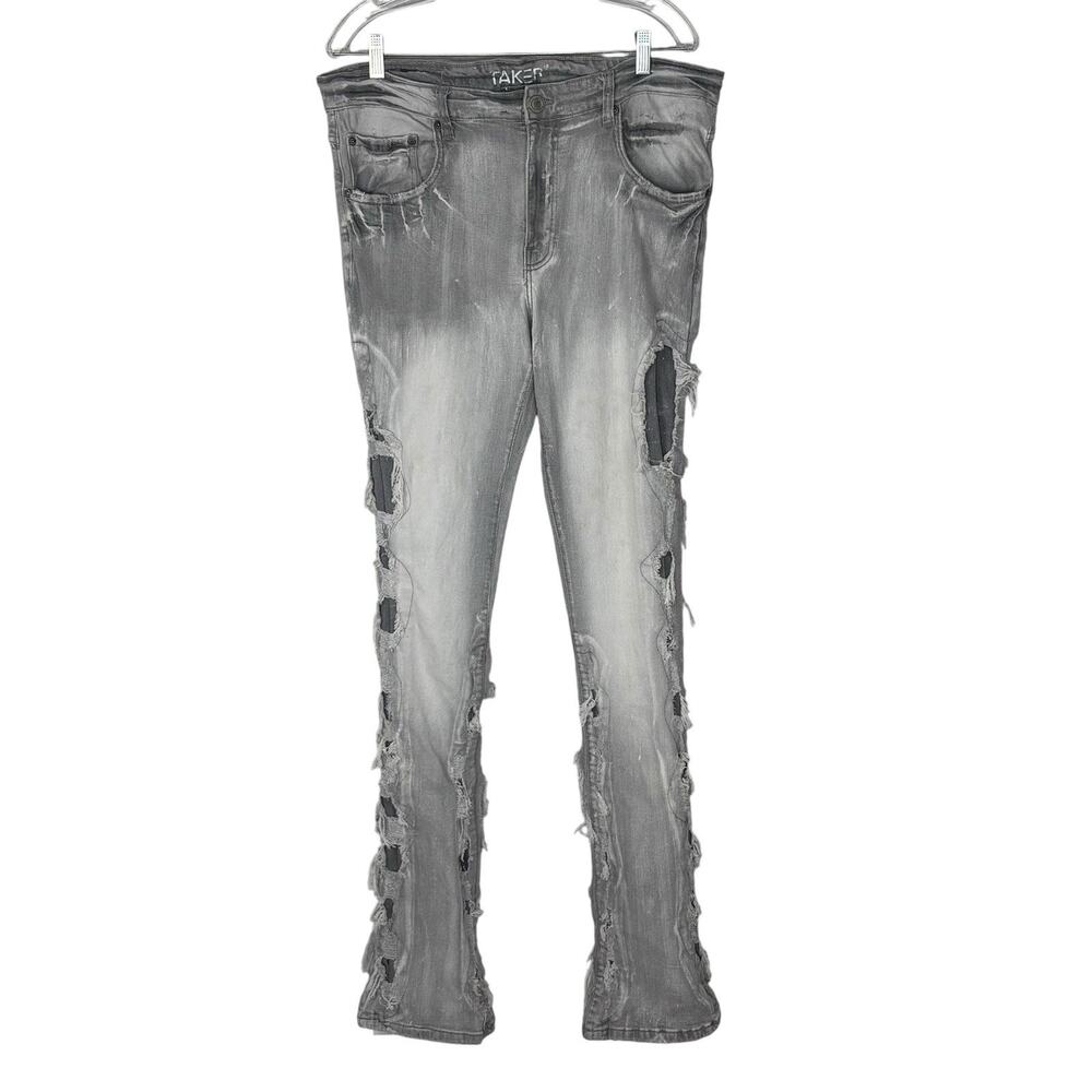 TAKER Stacked Jeans Slim Fit Straight Leg Distressed Grunge Gray Size 36X38